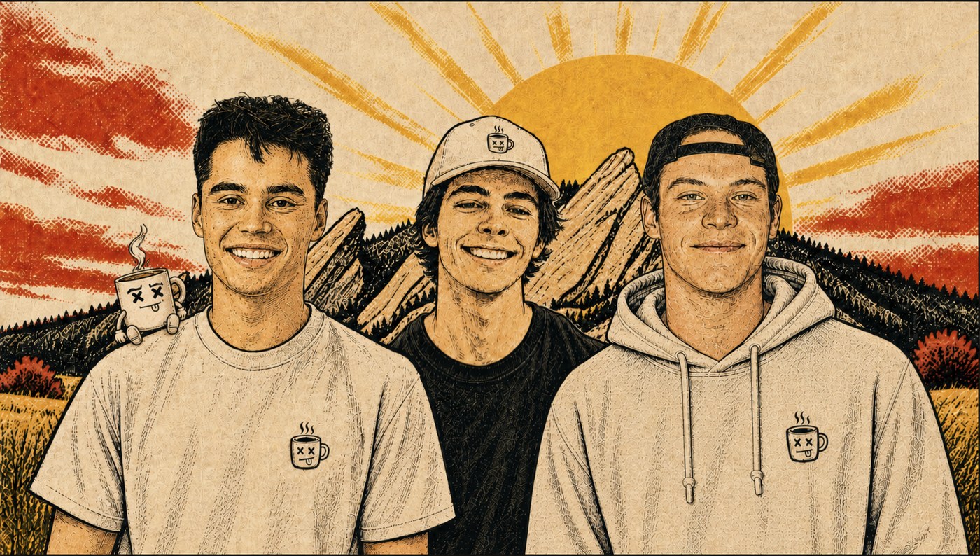 Steel, Blue, and Charlie in front of a Colorado sunrise illustration, with Mr. Mug perched on Steel's shoulder