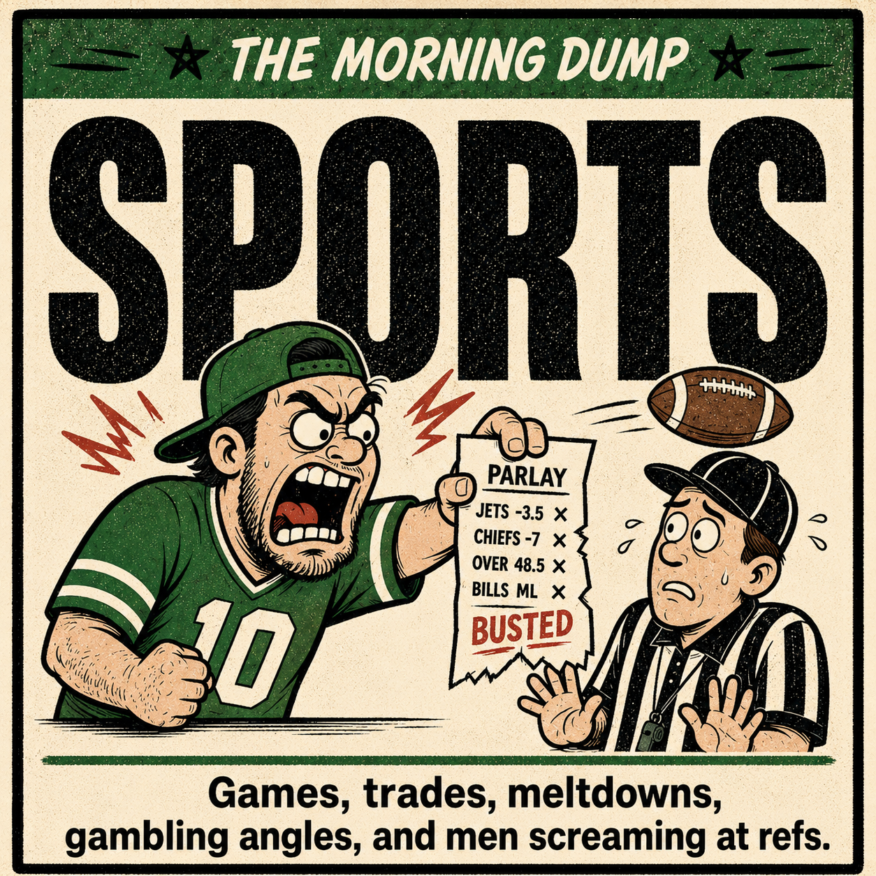 Sports: Games, trades, meltdowns, gambling angles. Anything a guy argues about at a bar.