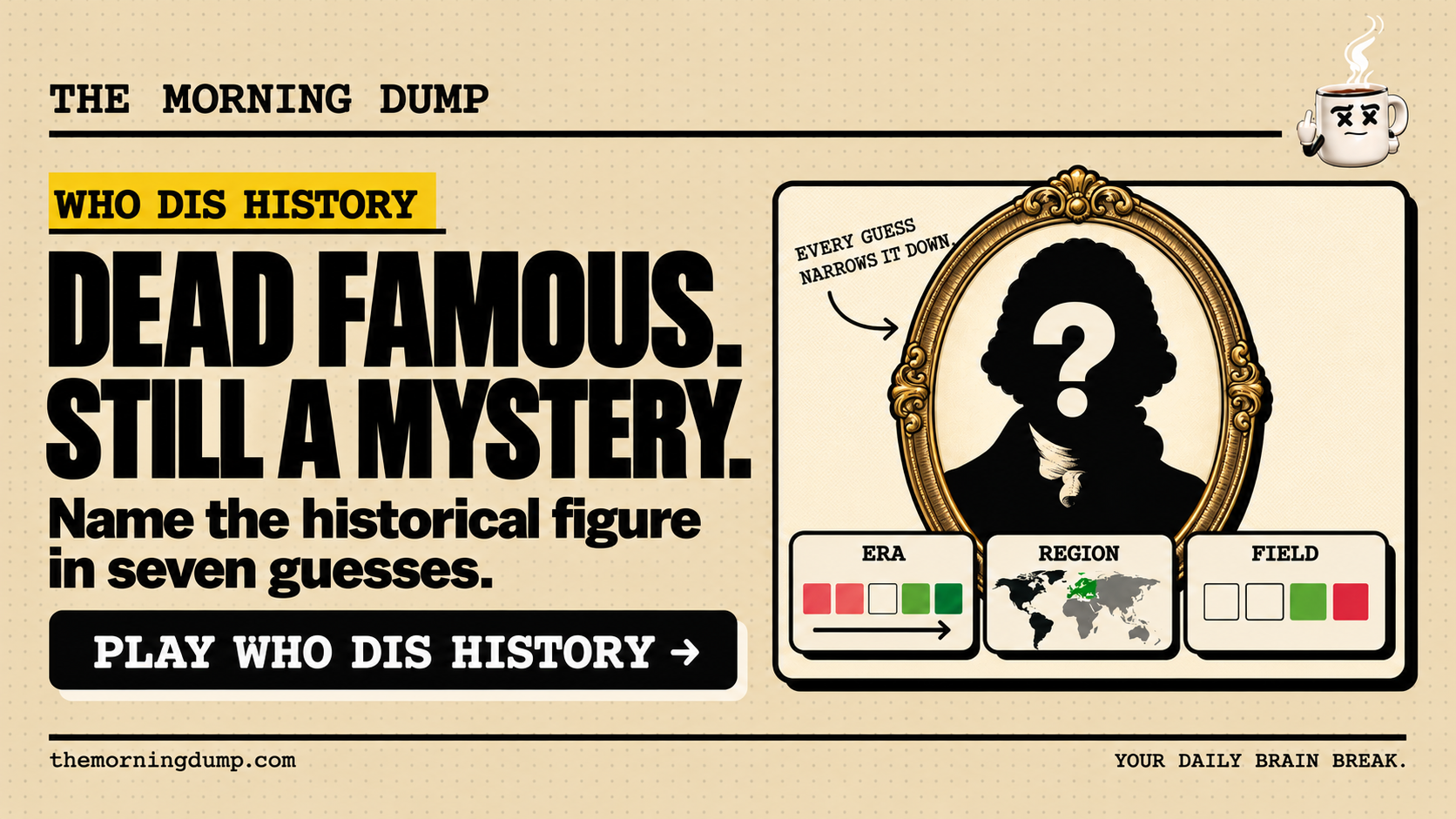Who Dis History: DEAD FAMOUS. STILL A MYSTERY. Name the historical figure in seven guesses.